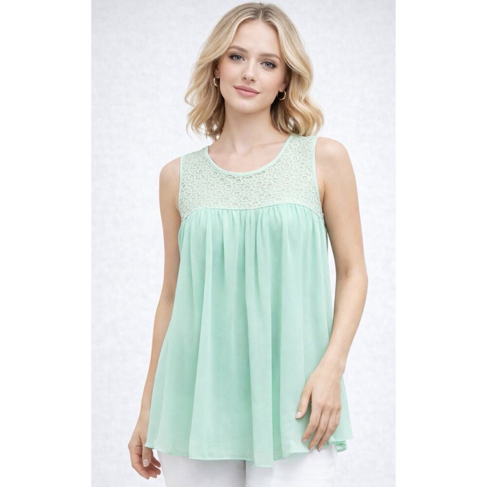 Ciel U.S.A Small Mint Green Lace Yoke Chiffon Sleeveless Blouse Flowy Boho